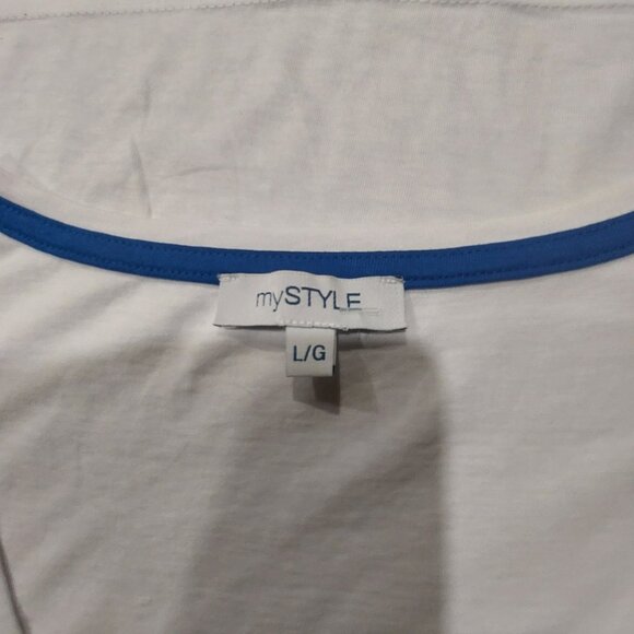 mySTYLE Women's Blue/White Stripe w/Palm Tree Print Cap Sleeves Top - Large - Picture 10 of 10